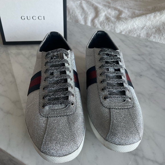 Gucci Glitter Silver Sneakers “Bambi” with Red and Blue Stripe - Picture 2 of 7